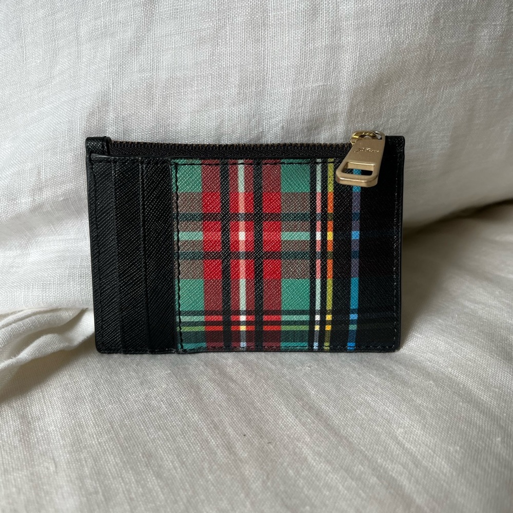 NWOT J. Crew Black Leather Stewart Tartan Coin Purse Card Holder